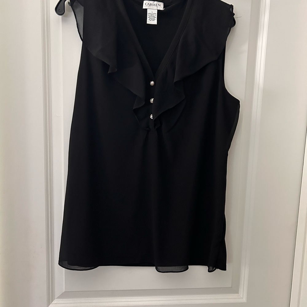 Carmen Marc Valvo Black Ruffled Sleeveless Blouse